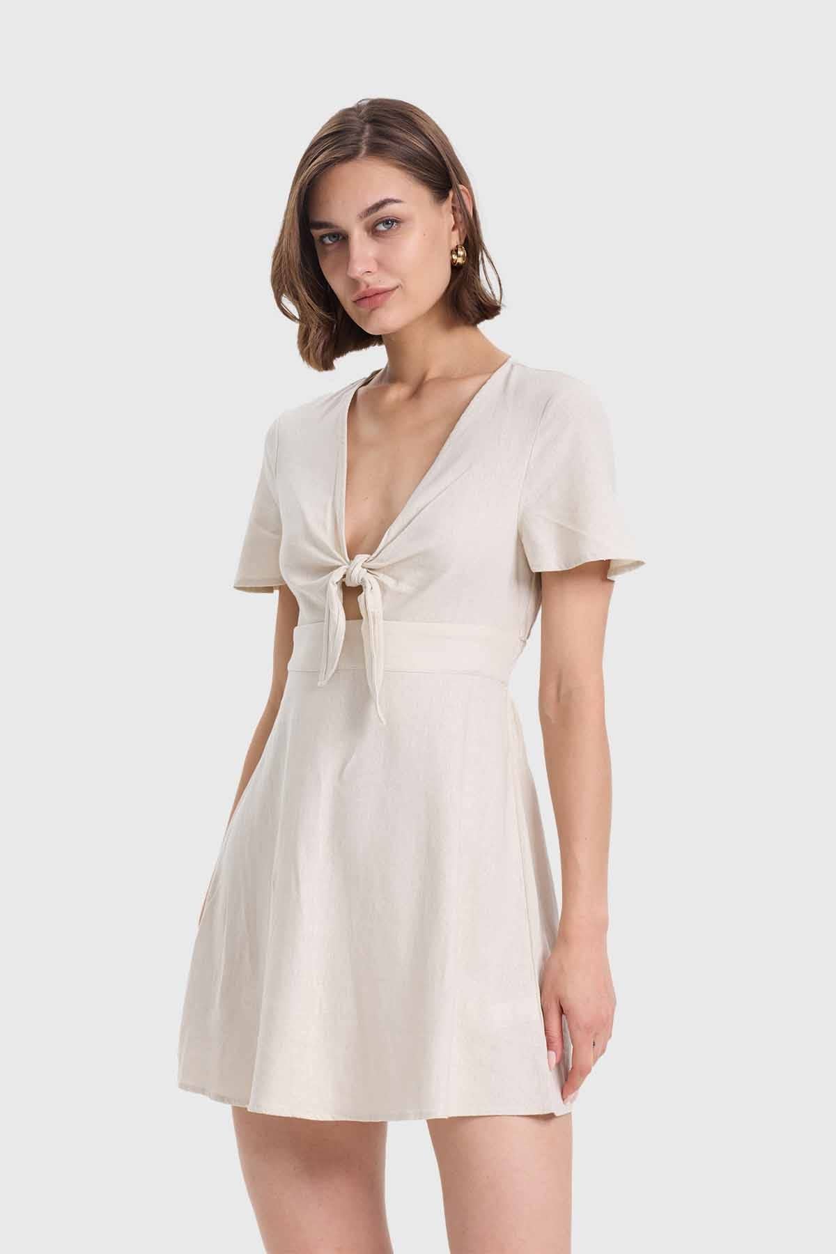 Vestido Mujer Lino Corto Aplicación Beige