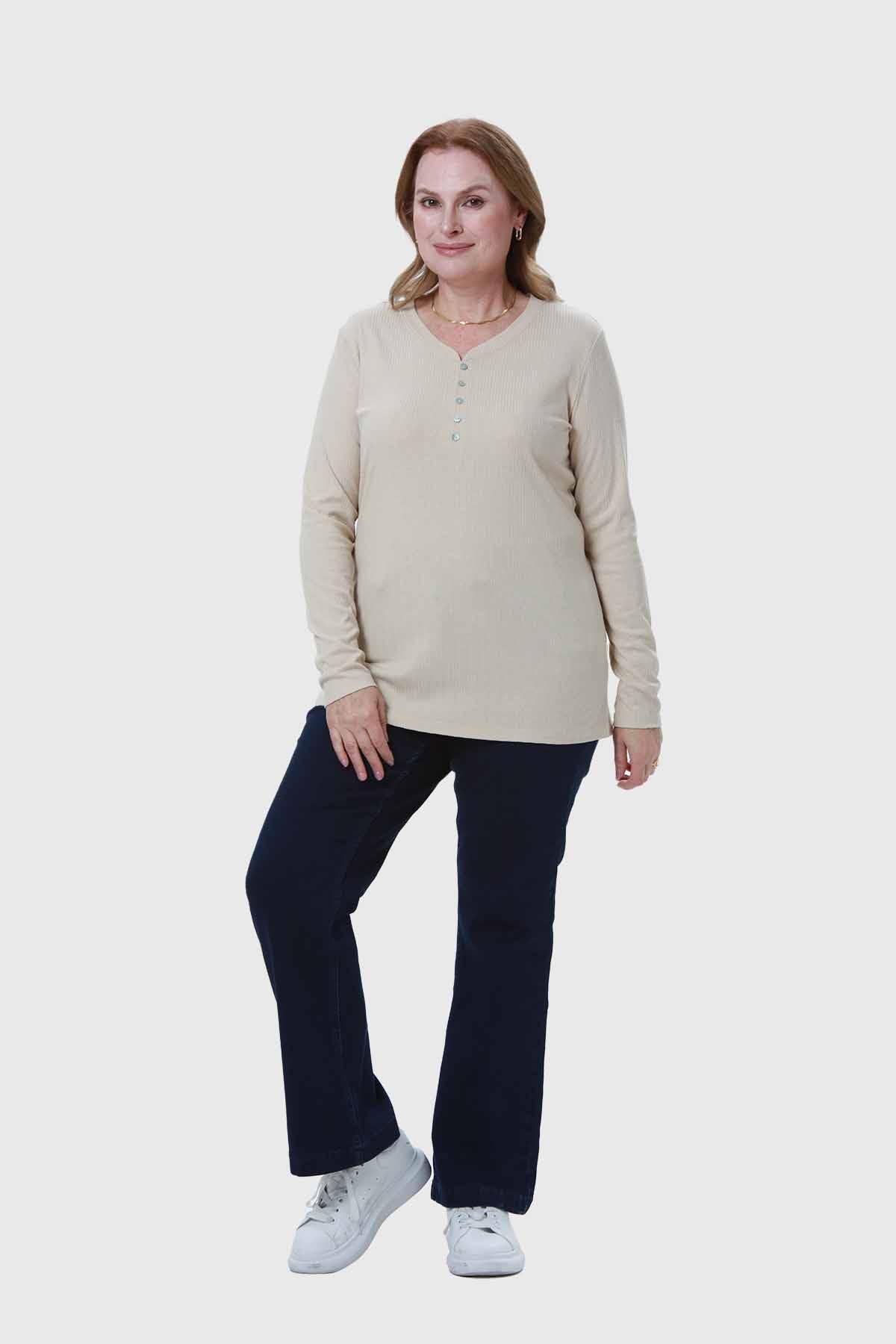 Polera Mujer Cuello V Rib Beige
