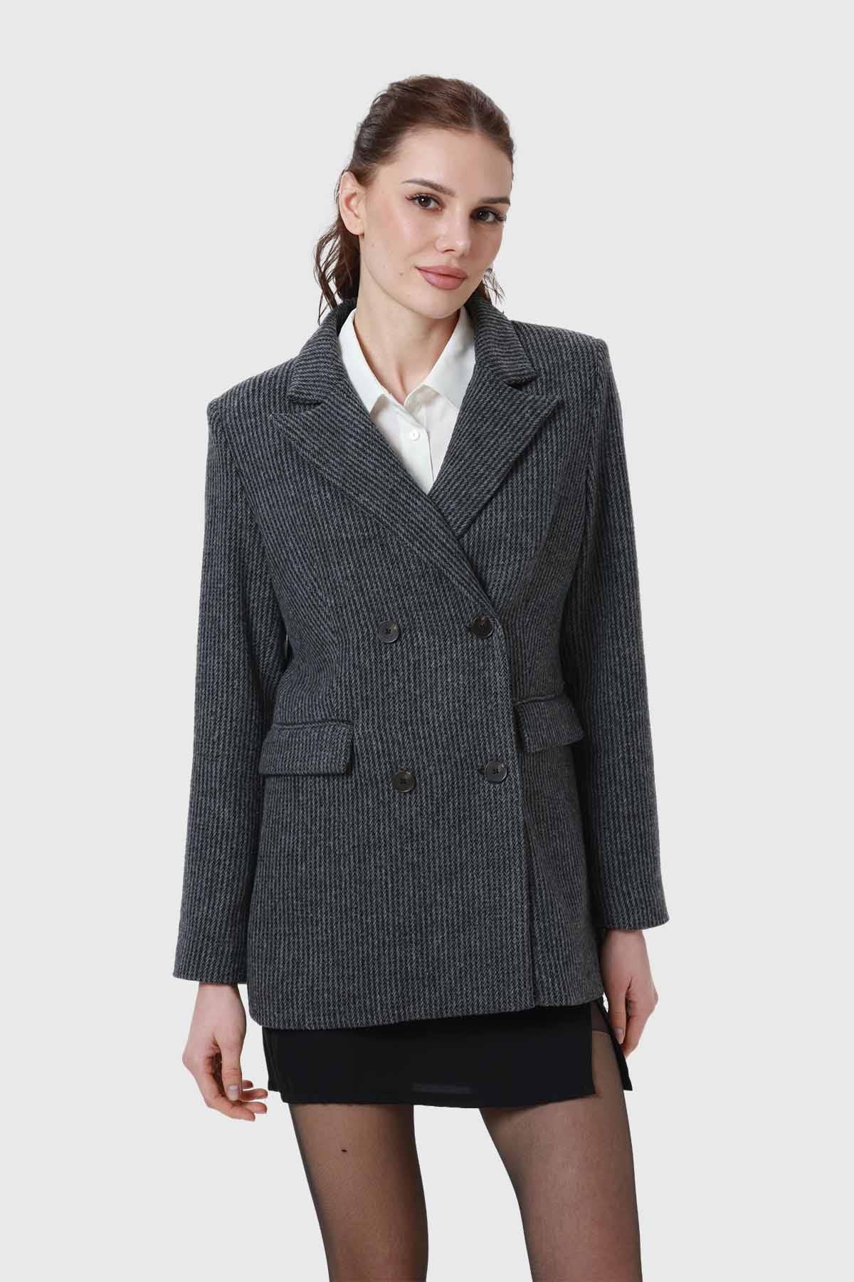 ABRIGO MUJER TWEED CRUZADO GRIS