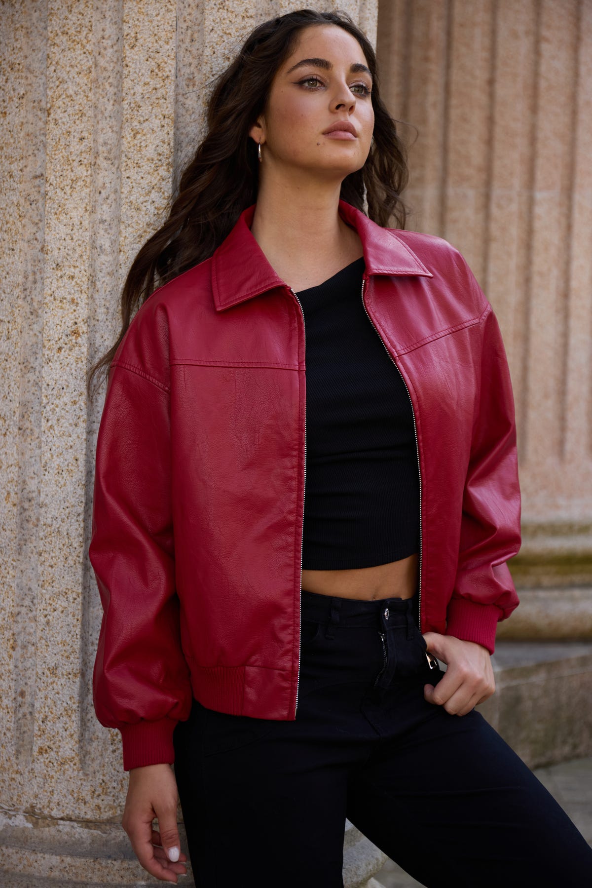 CHAQUETA MUJER EFECTO CUERO ROJO