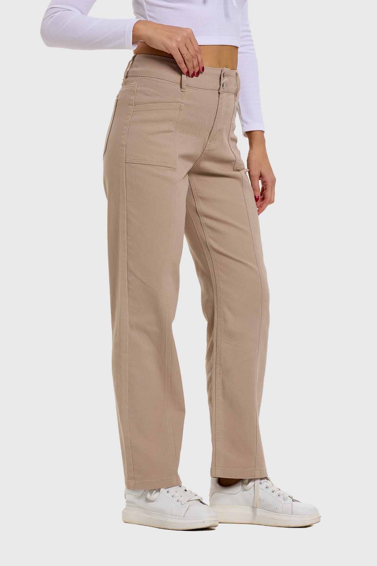 Jeans Mujer Linea Bolsillo Calce Recto Café