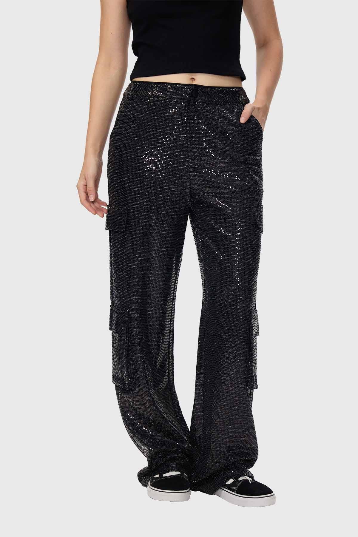 Pantalón Mujer Lentejuelas Cargo Negro