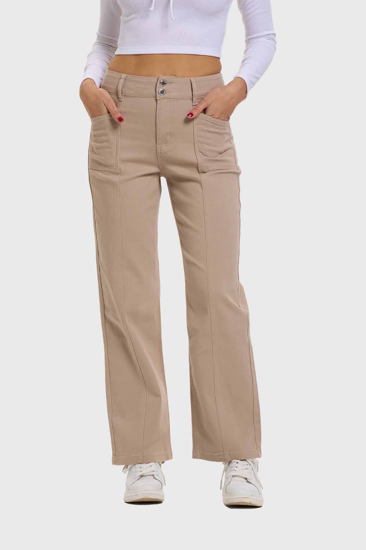 Jeans Mujer Linea Bolsillo Calce Recto Café
