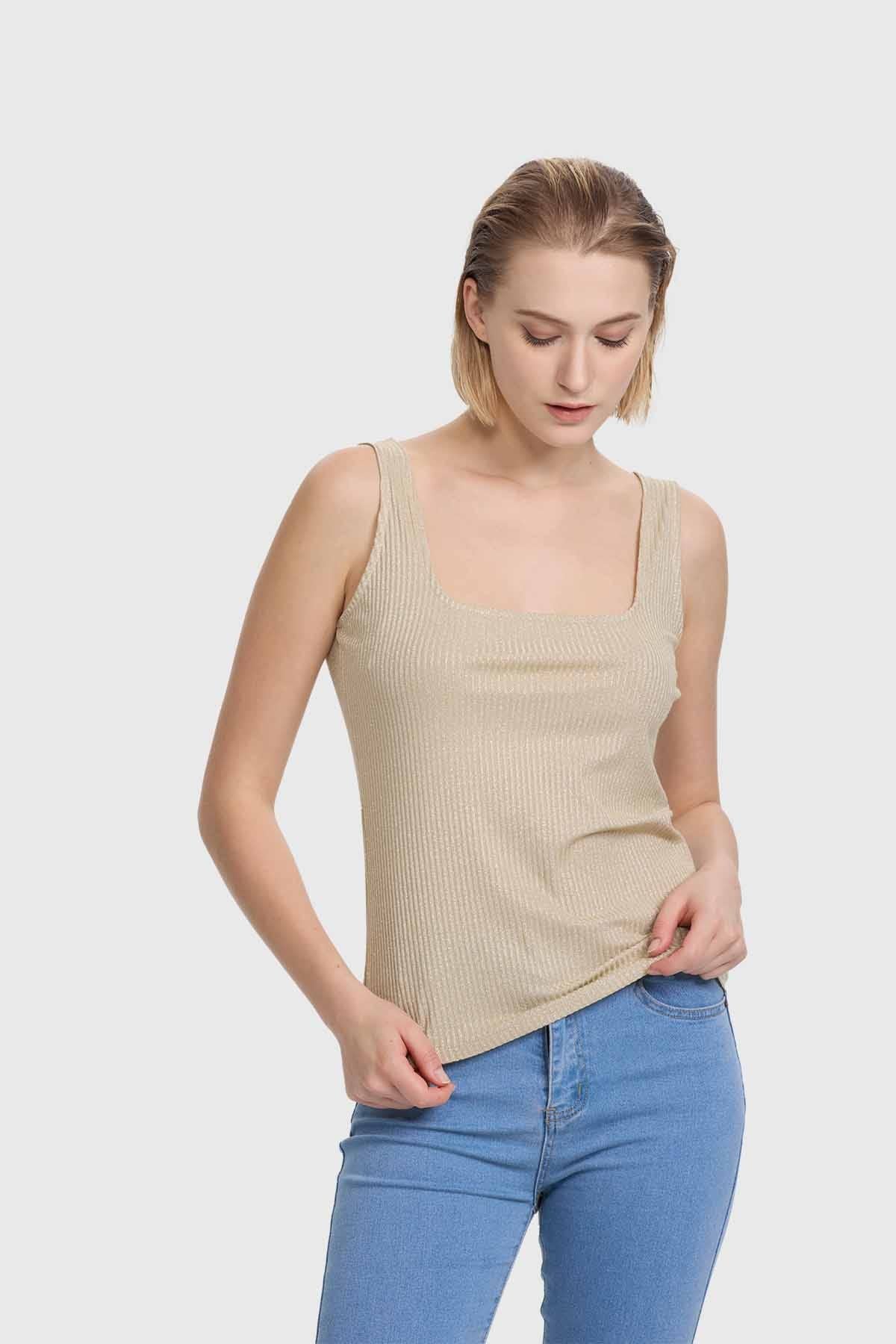 Polera Mujer Pabilo Escote Cuadrado Dorado