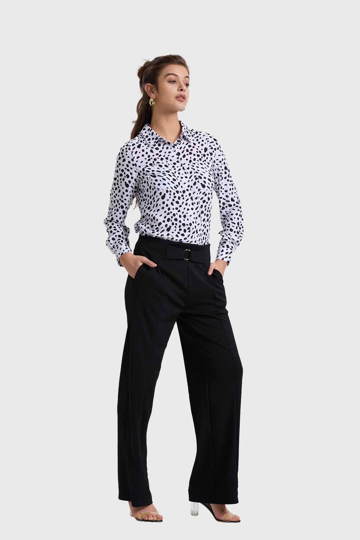 Pantalón Mujer Palazzo Con Hebilla Negro