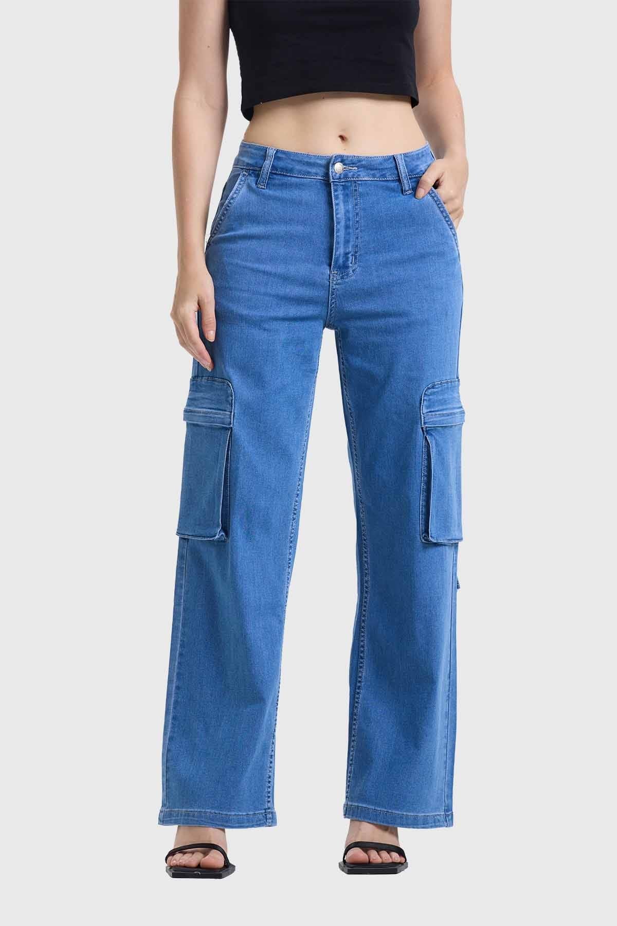 JEANS MUJER RECTO CARGO BOLSILLO AZUL CLARO