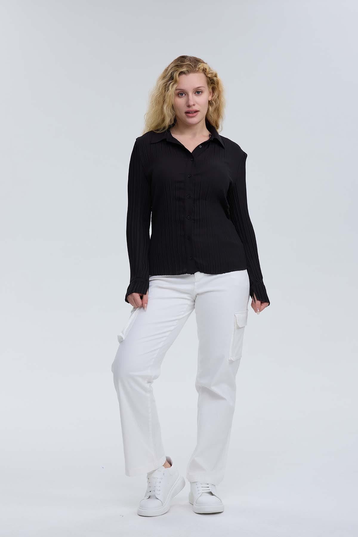 Blusa Mujer Abotónada Textura Negro