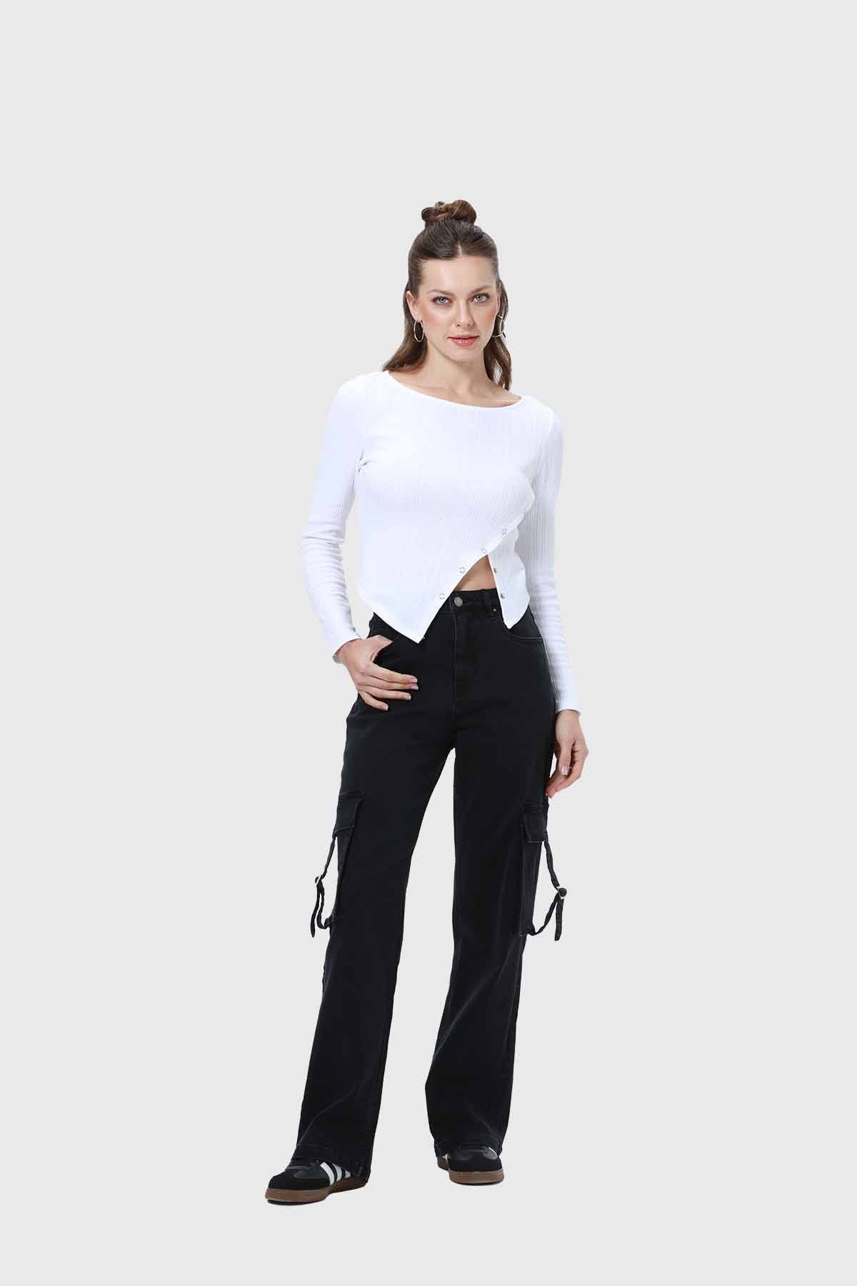 Jeans Mujer Cargo Calce Recto Negro