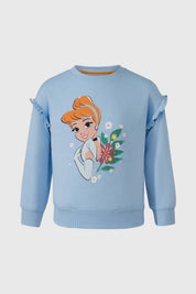 Poleron azul para niña con diseño de princesa y flores, ideal para días frescos.