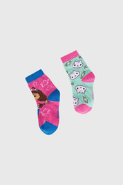 Calcetines niña Gabby bipack en colores verde y rosa con diseño divertido.