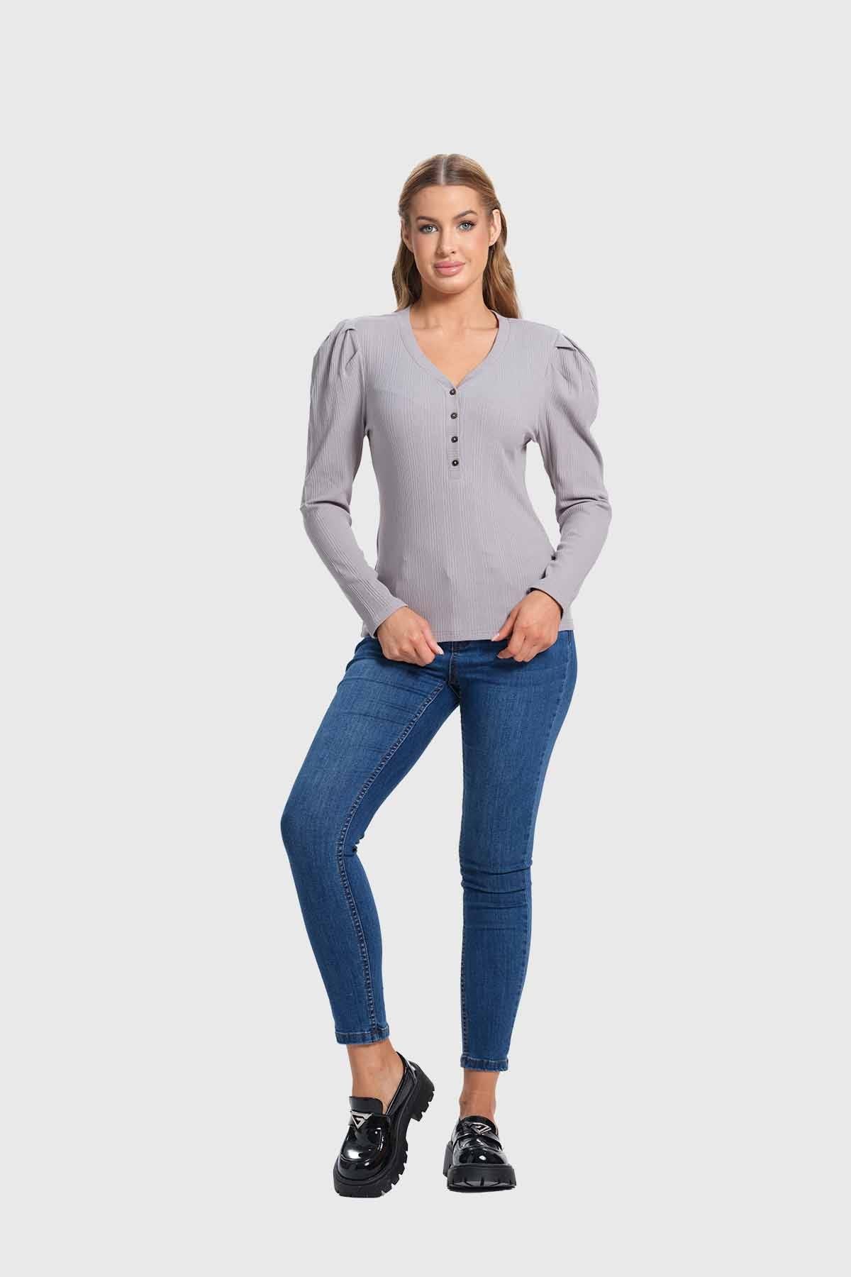 Polera Mujer Rib Pata Botón Gris