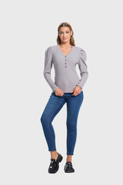 Polera Mujer Rib Pata Botón Gris