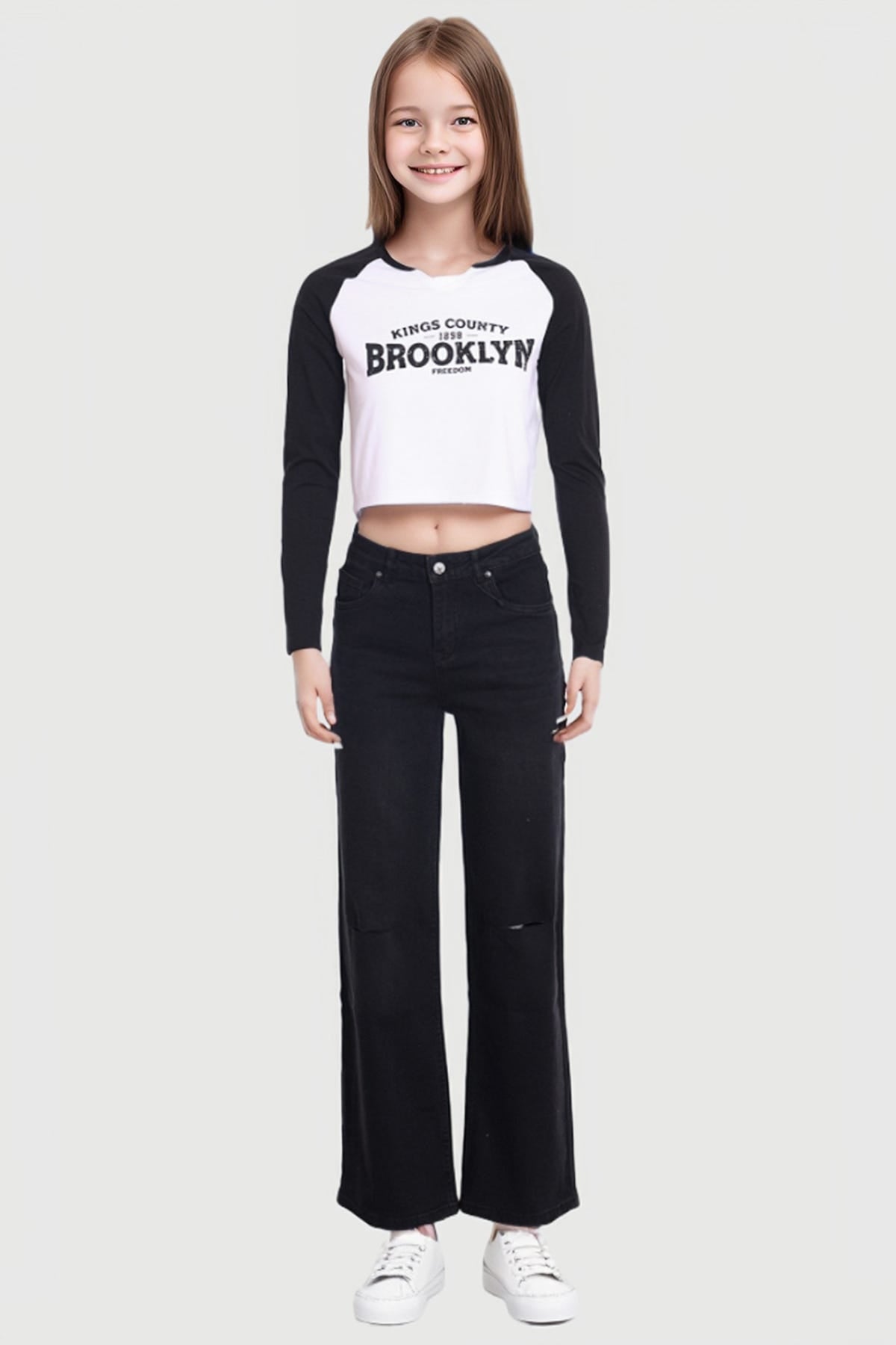 Jeans Niña Wide Leg Con Roturas Negro