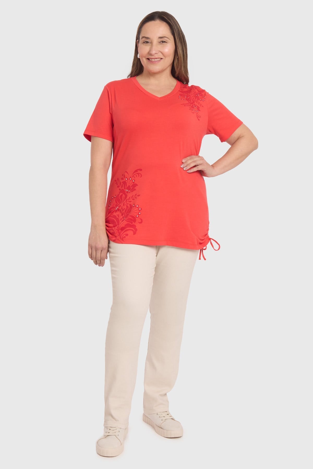 Polera Mujer Print & Strass Coral