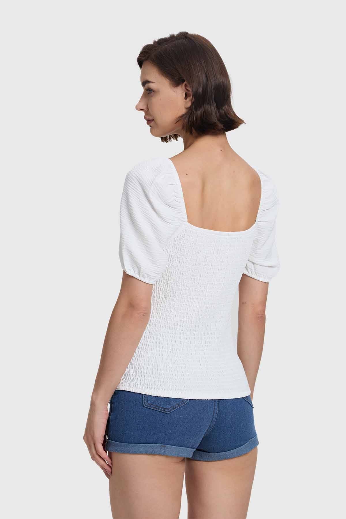 Blusa Mujer Manga Globo Panal Espalda Crudo