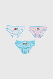 Calzon niña tripack celeste con estampados de princesas en tres colores.