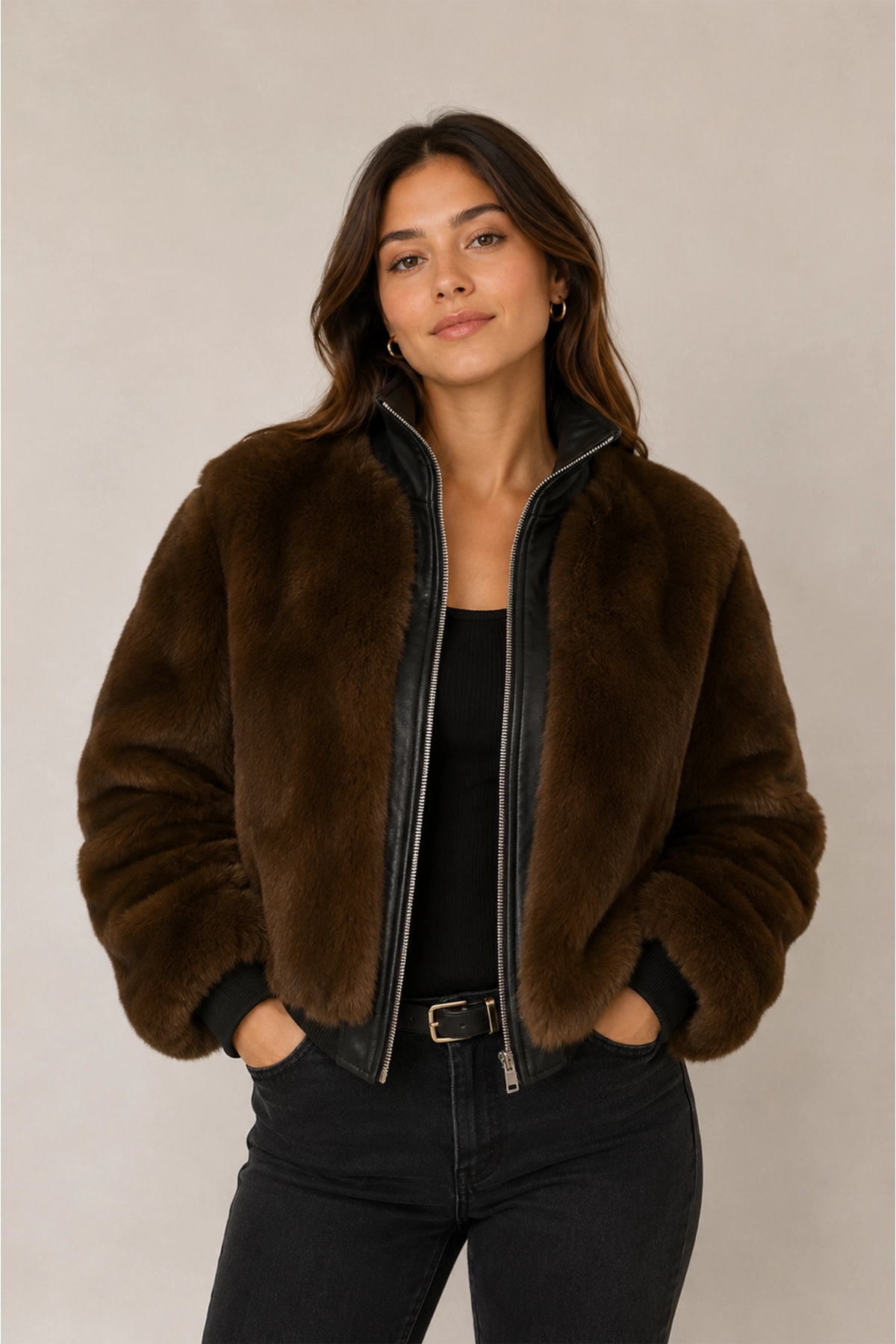 Chaqueta Mujer Cuello Alto Café