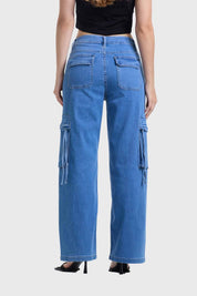 Jeans Mujer Recto Cargo Bolsillo Azul