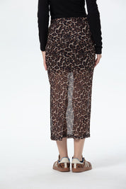 Falda Mujer Midi Leopardo Malla Café
