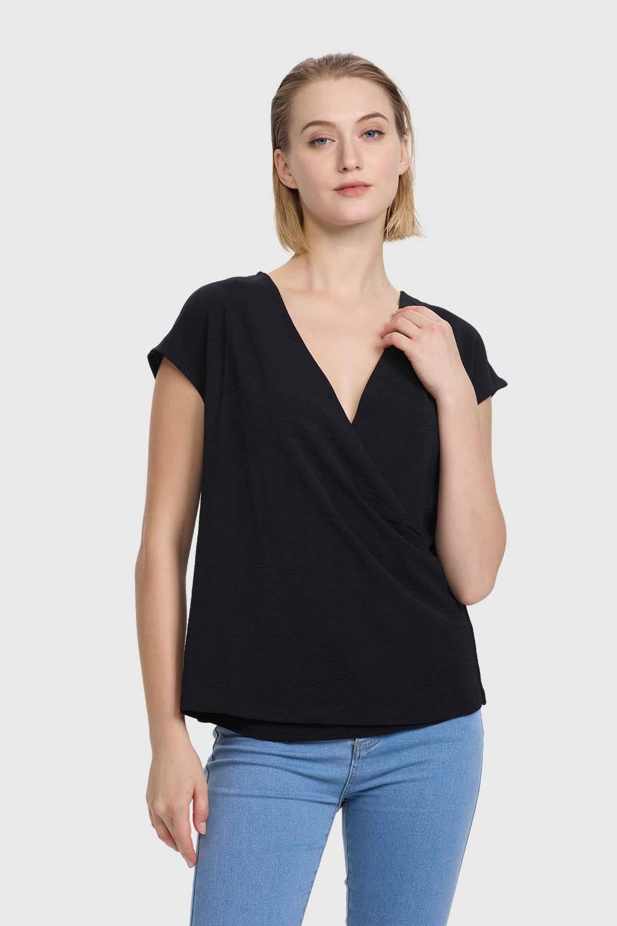 Blusa Mujer Manga Caída Escote Cruz Negro
