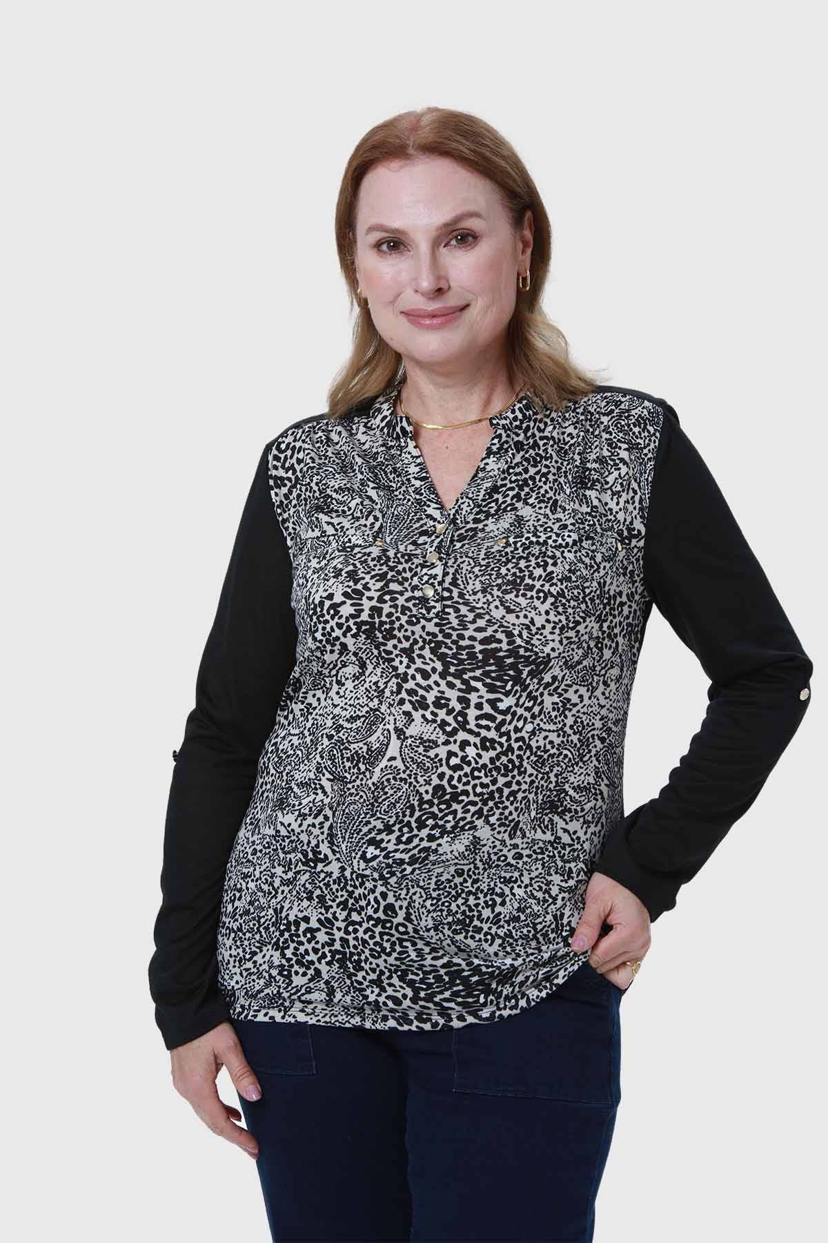 Polera Mujer Cuello Abotonado Negro