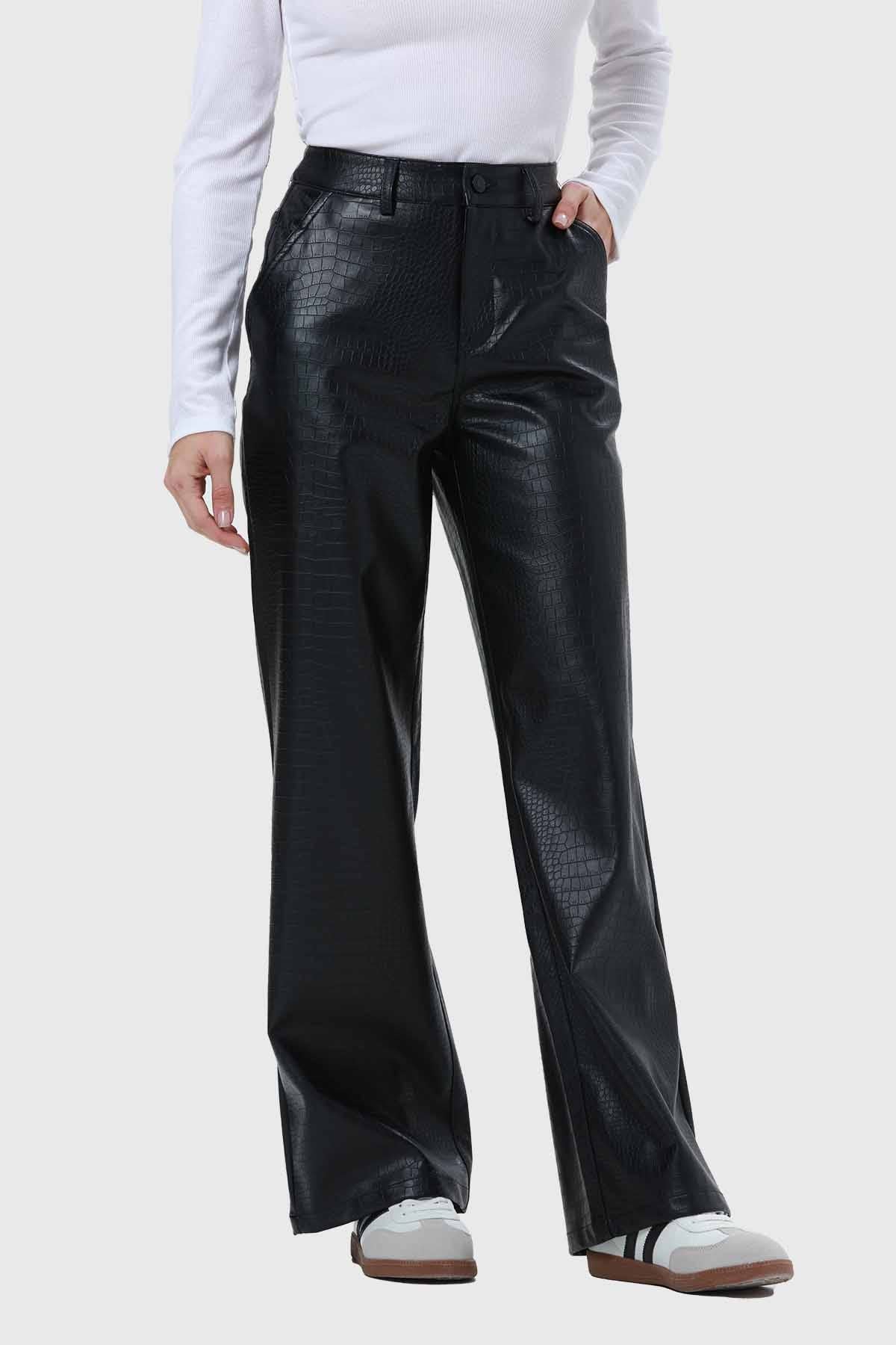 Pantalón Mujer Croco Efecto Cuero Negro