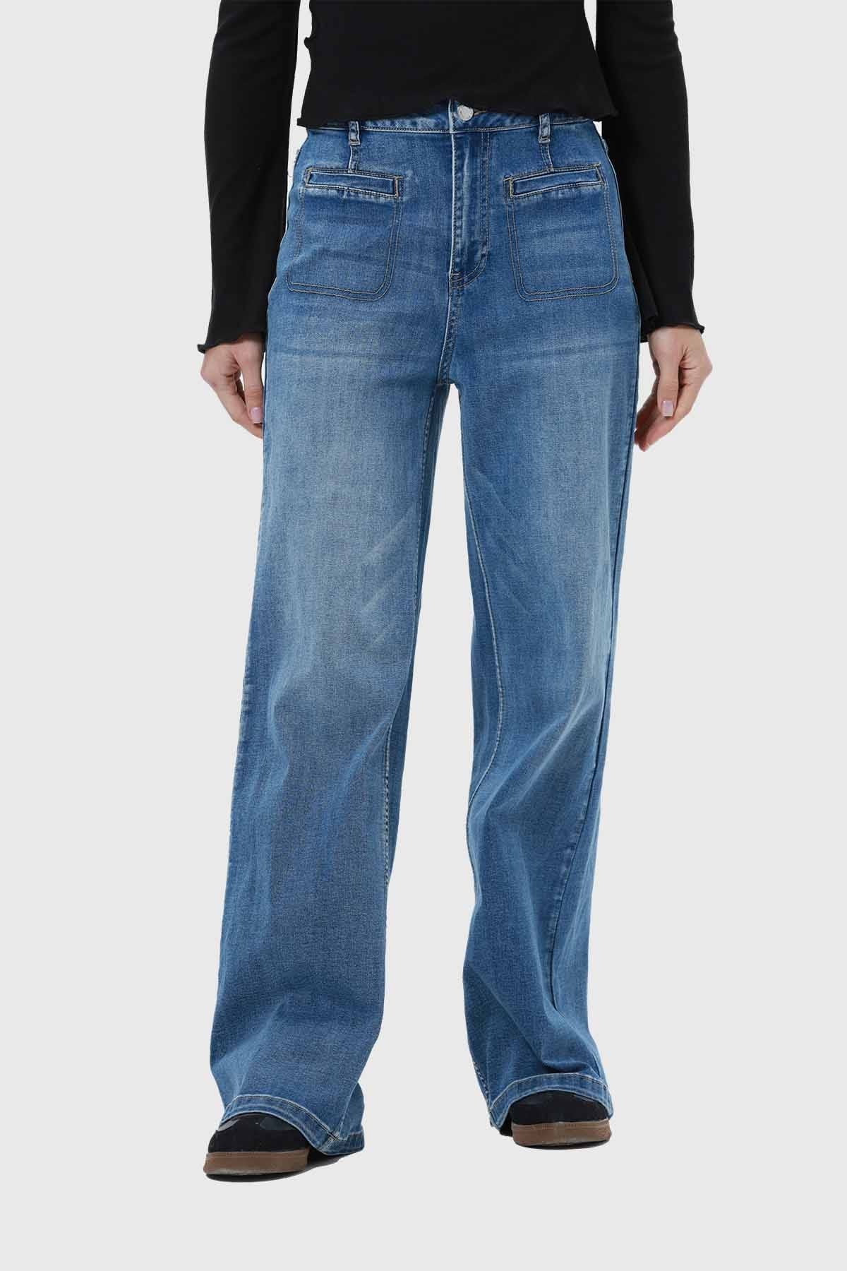 Jeans Mujer Bolsillos Calce Recto Azul
