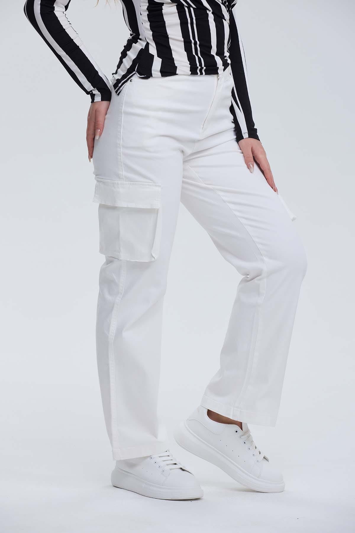 Pantalón Mujer Wide Leg Cargo Gabardina Crudo
