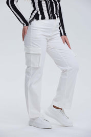Pantalón Mujer Wide Leg Cargo Gabardina Crudo