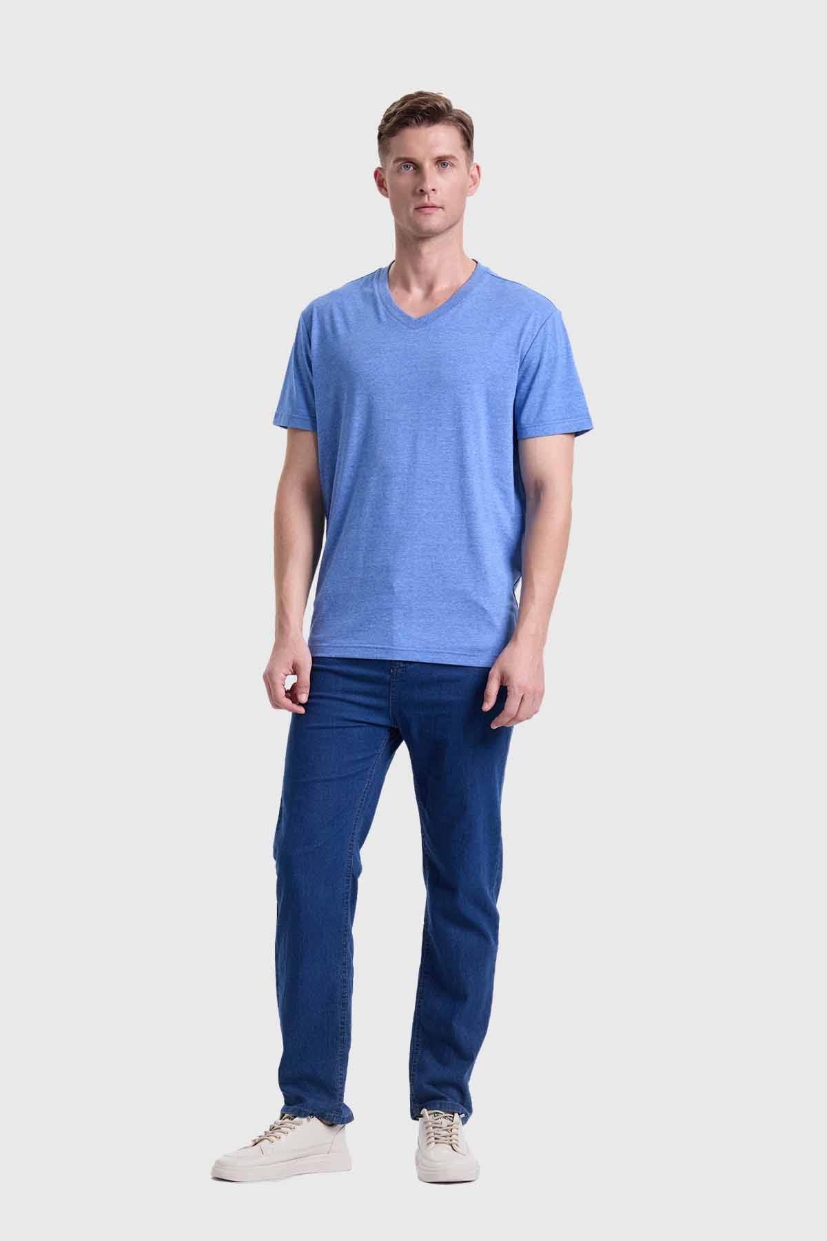 Polera Hombre Cuello V Básica Celeste Melange