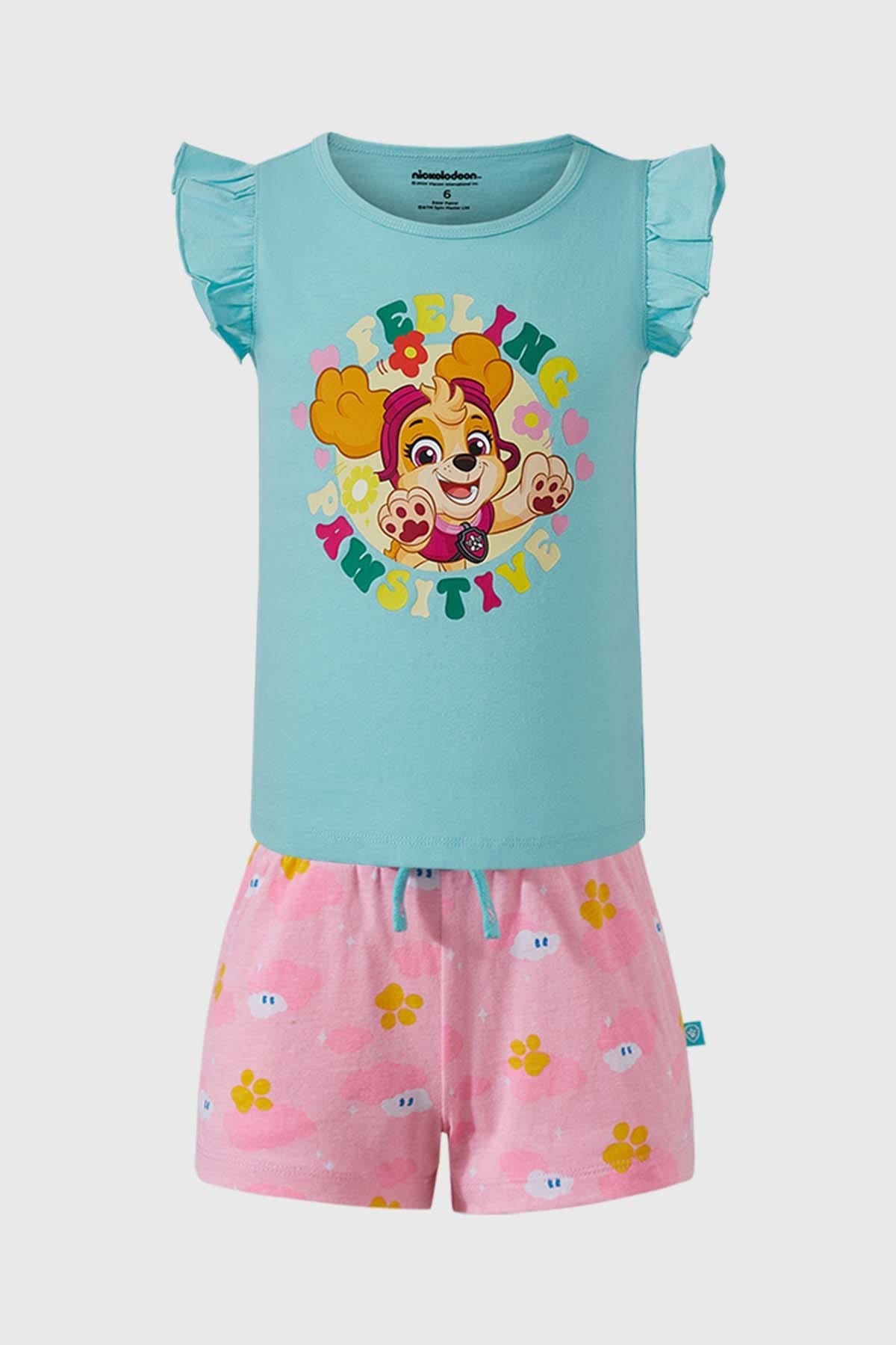 Pijama niña Paw Patrol en color verde con estampado de Skye y short rosa con huellitas.