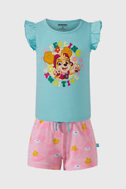 Pijama niña Paw Patrol en color verde con estampado de Skye y short rosa con huellitas.