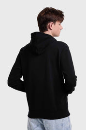 Poleron hombre negro con capucha y estampados divertidos, ideal para un look moderno.