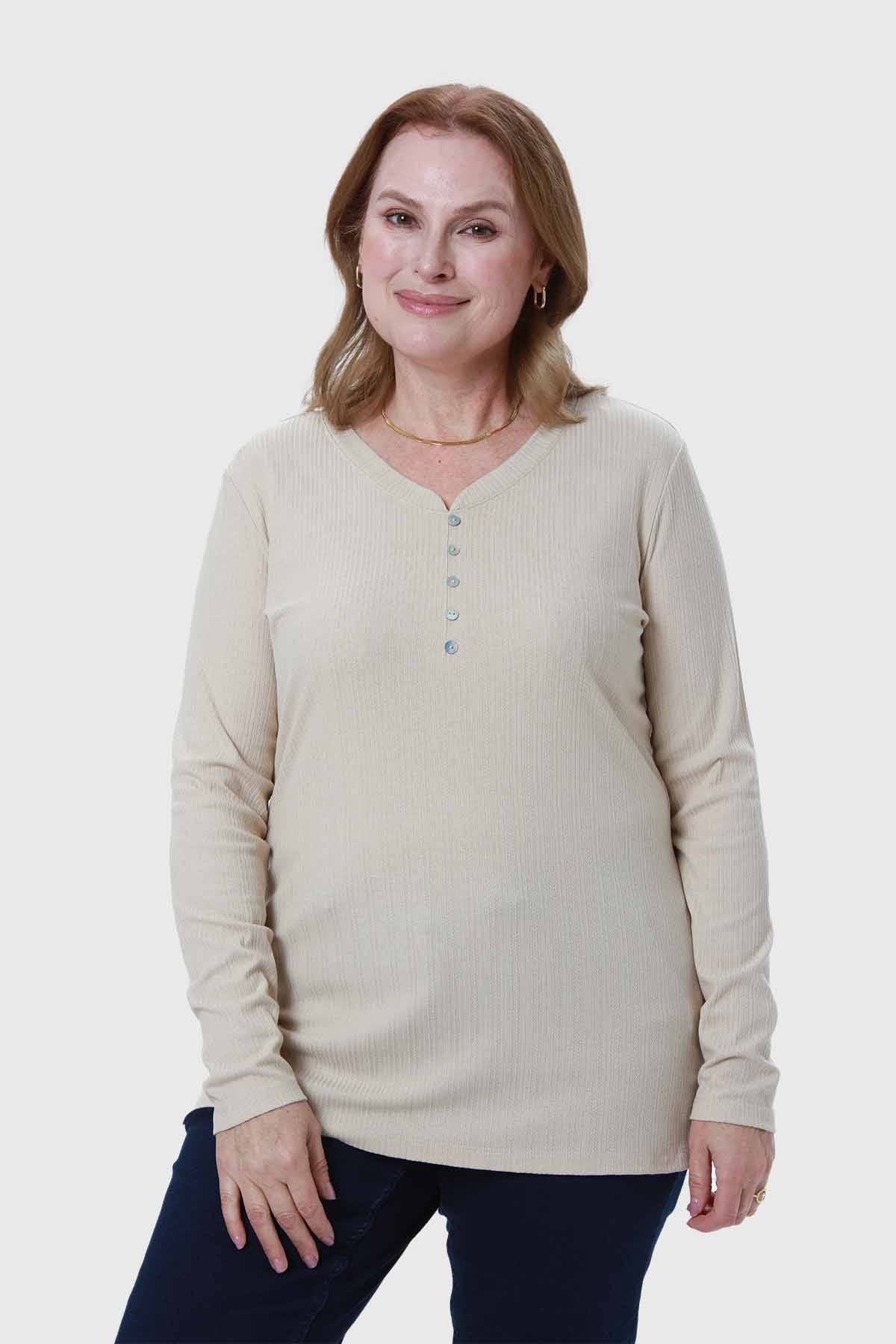 Polera Mujer Cuello V Rib Beige