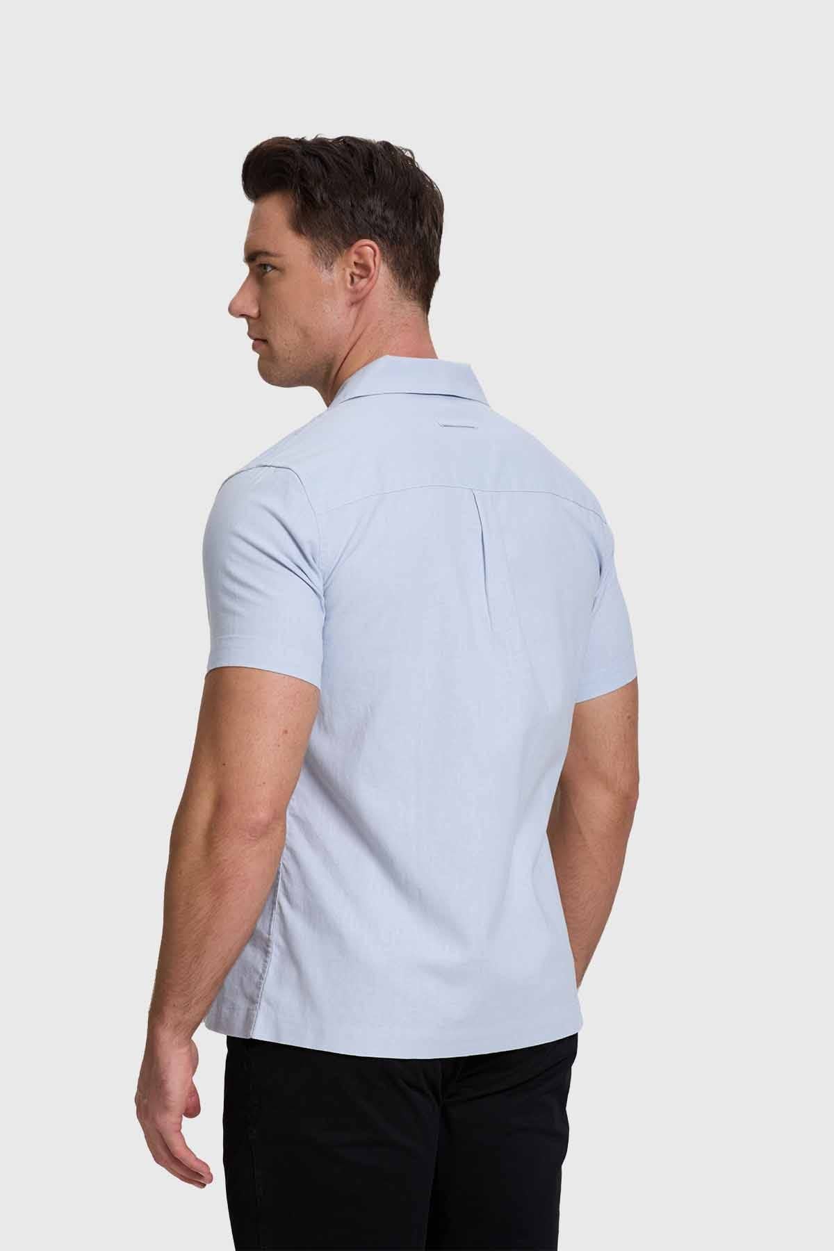 Camisa Hombre Lino Con Bolsillo Celeste