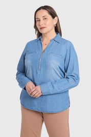 Blusa Mujer Con Tachas Bolsillo Azul
