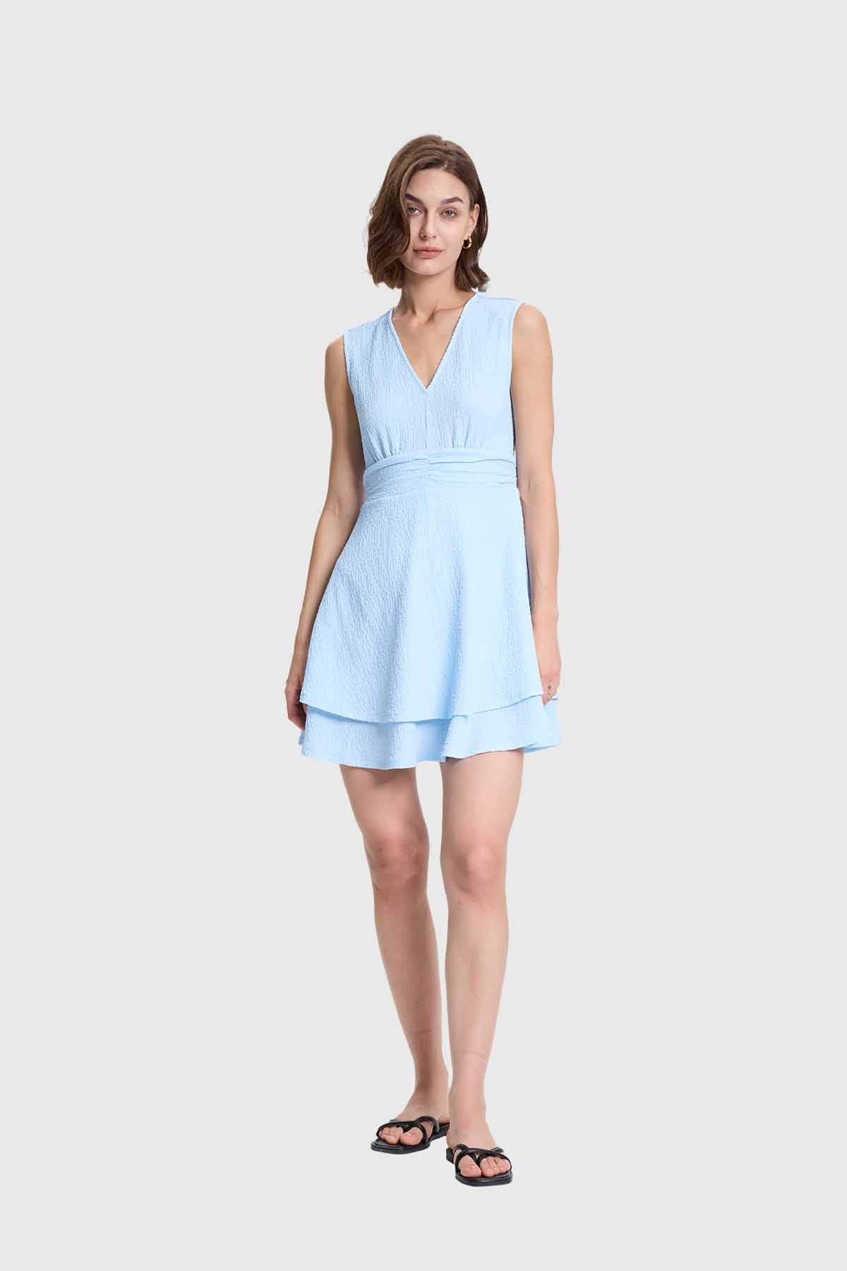 Vestido Mujer Corto Doble Capa Celeste