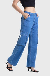 Jeans Mujer Recto Cargo Bolsillo Azul