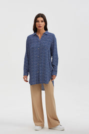 Blusa Mujer Larga Con Botón Parche Azul