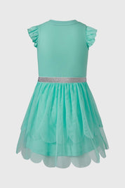 Vestido menta para niña con estampado de princesas y falda de tul.
