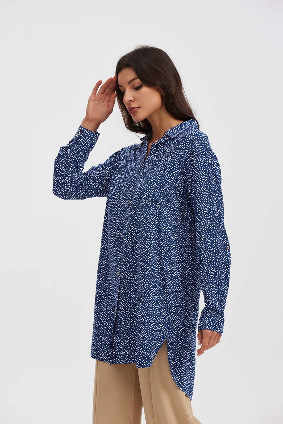 Blusa Mujer Larga Con Botón Parche Azul