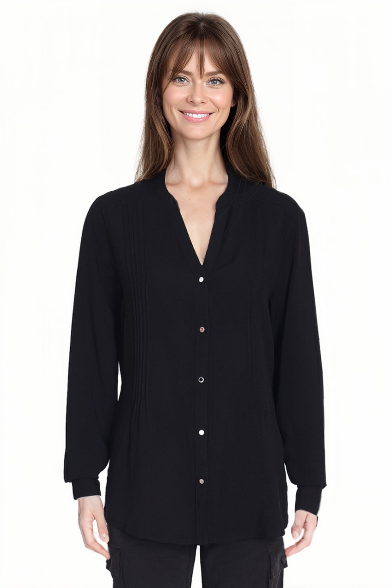 Blusa Mujer Con Plisado Y Botones Negro