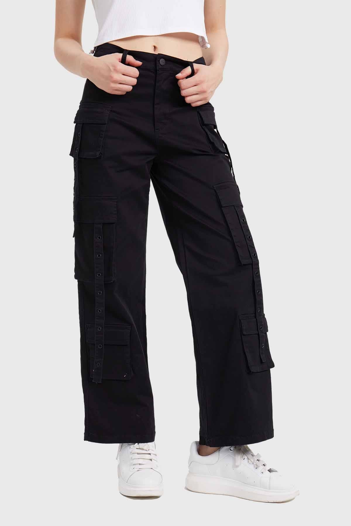PANTALÓN MUJER CARGO TIRAS NEGRO