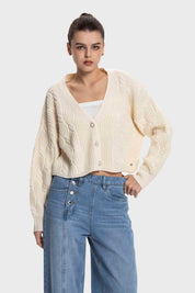 Sweater Mujer Cuello V Abierto Crudo