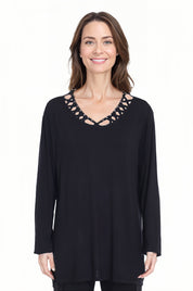 Polera Mujer Manga Larga Cuello Cruzado Negro