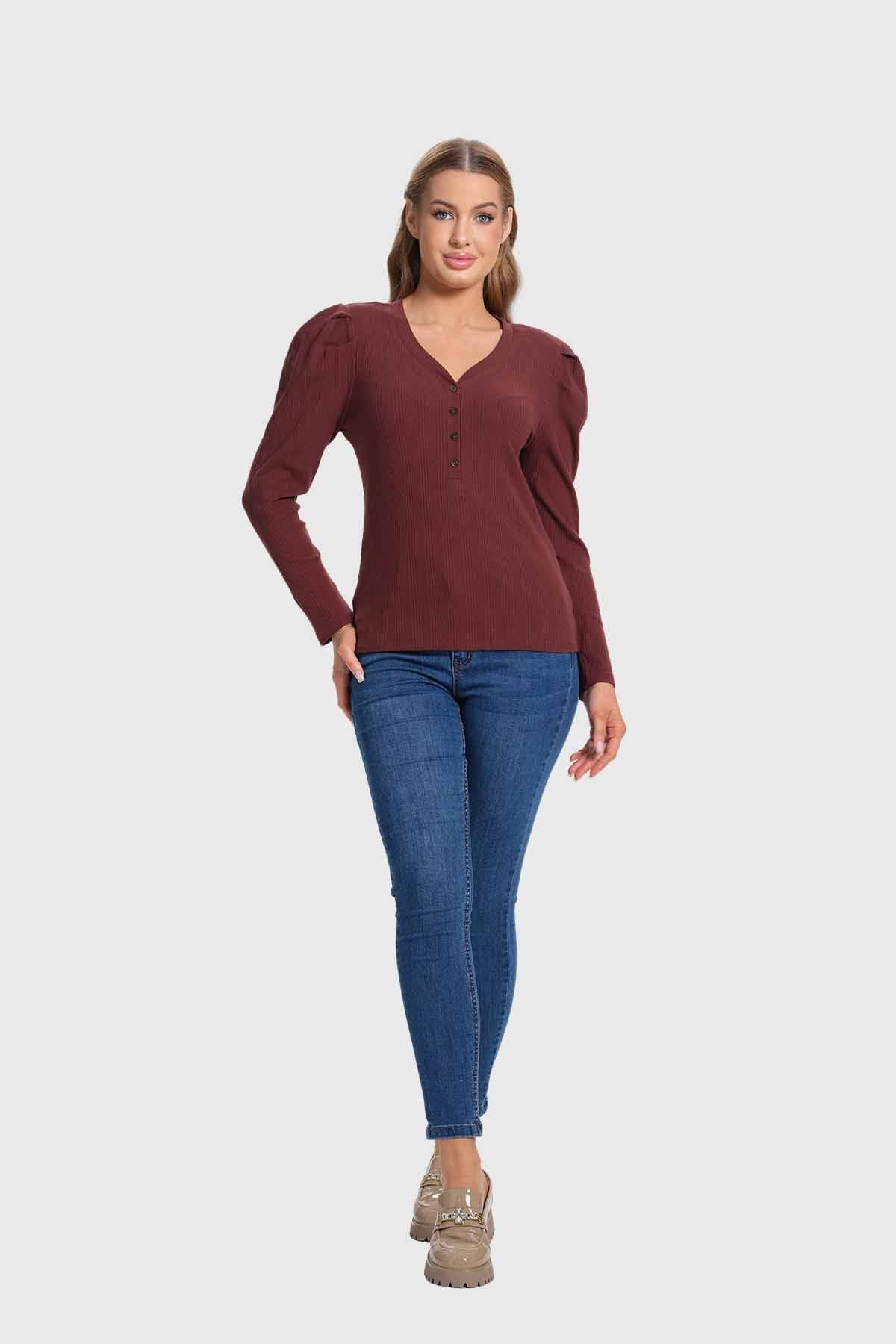 Polera Mujer Rib Pata Botón Café