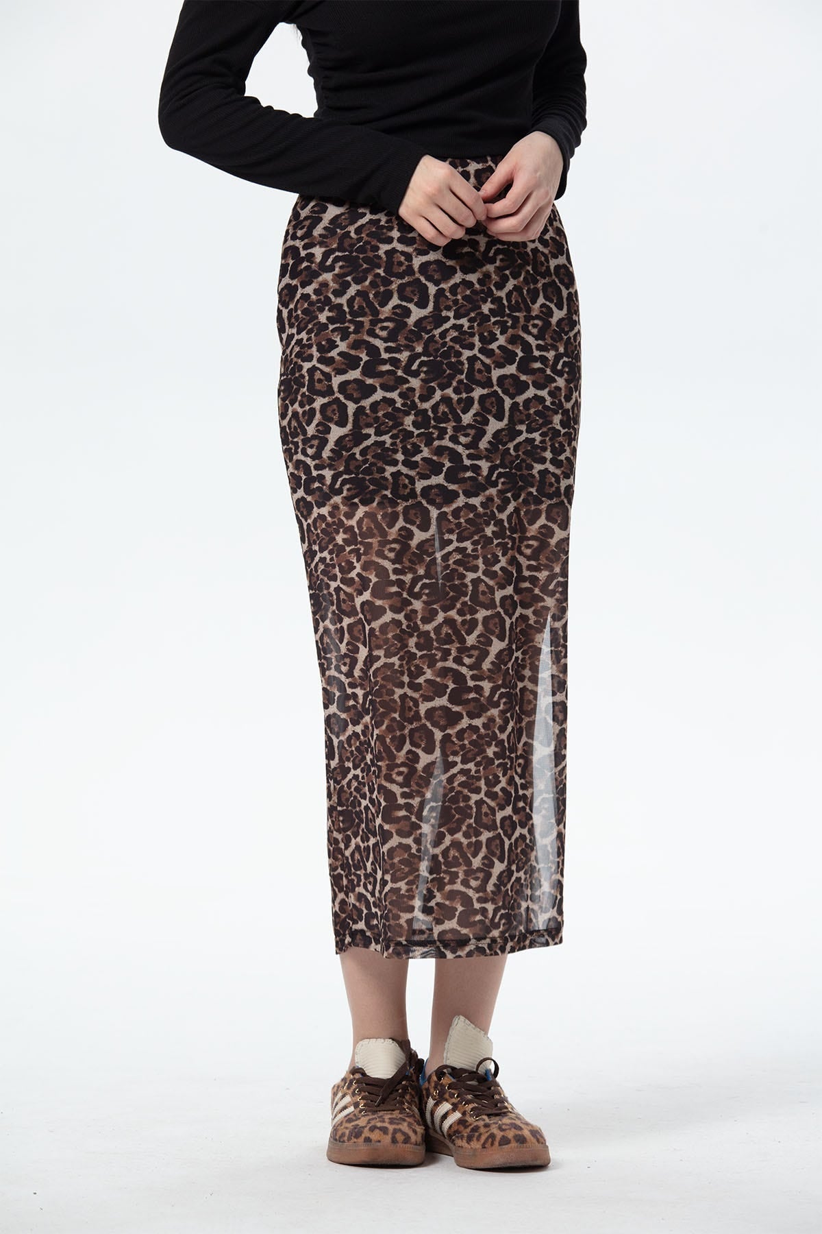 Falda Mujer Midi Leopardo Malla Café