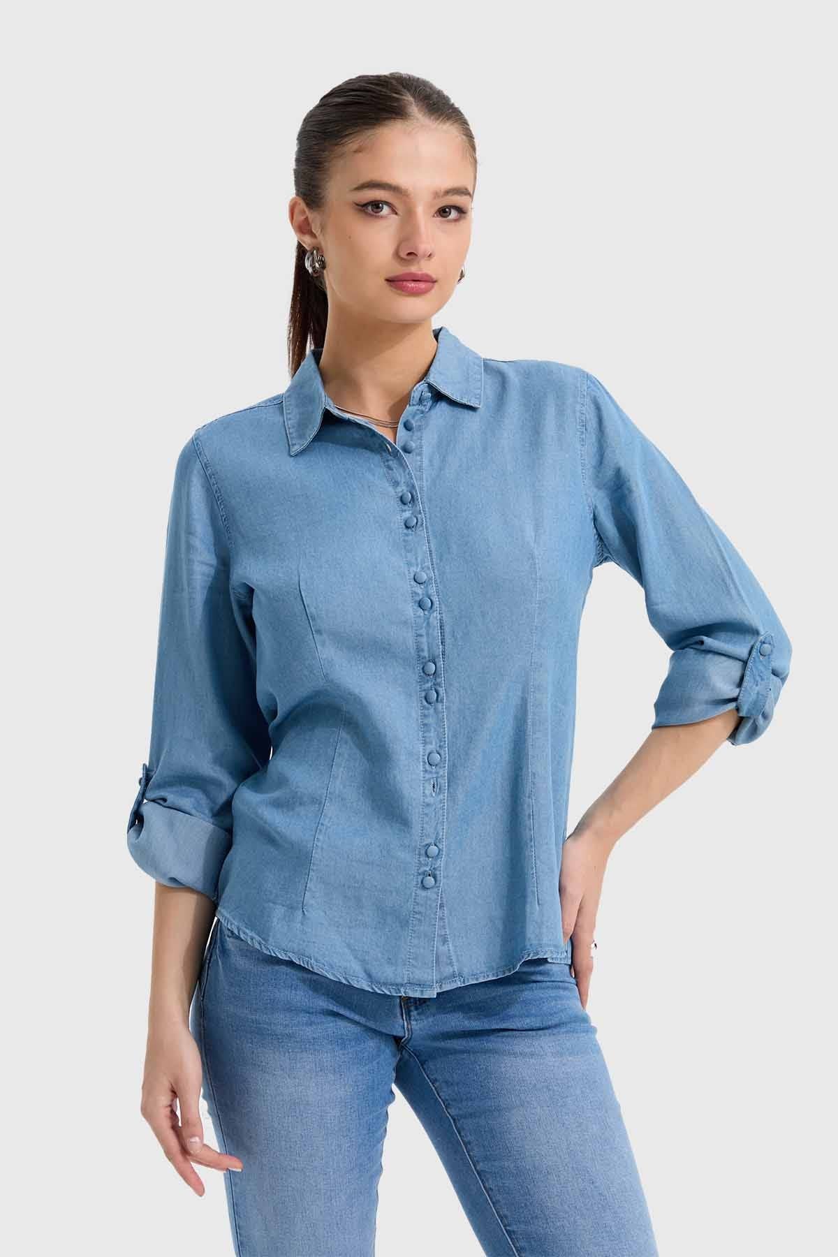 BLUSA MUJER ENTALLADA AZUL CLARO