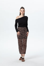 Falda Mujer Midi Leopardo Malla Café