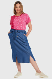 Falda Tencel Con Botones Azul